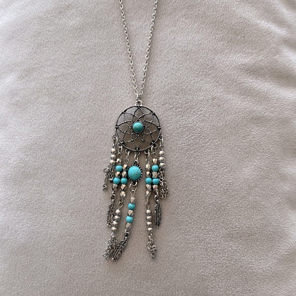 Silver tone and turquoise long necklace. Dream catcher motif. - Picture 1 of 10